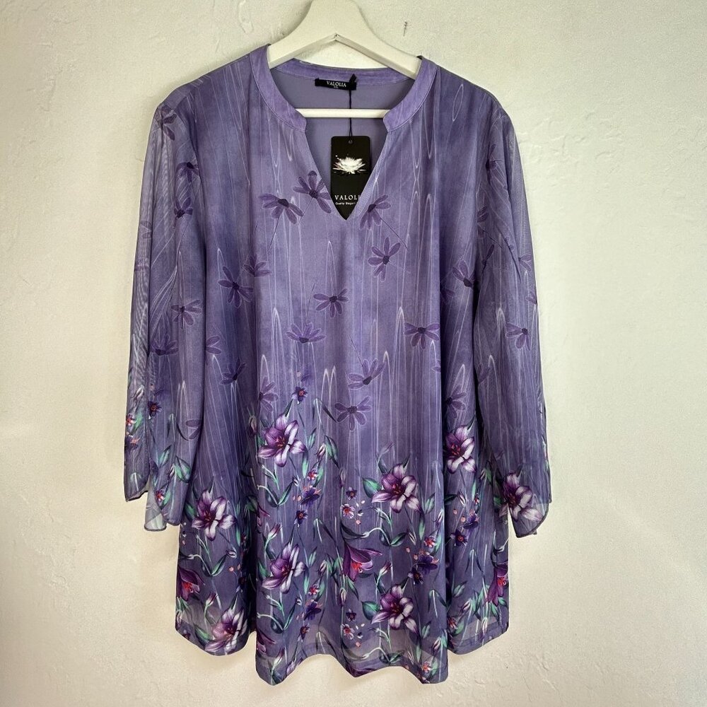 VALOLIA Womens 3/4 Sleeve Floral Tunic Tops 2XL V-Neck Double Layer Purple New